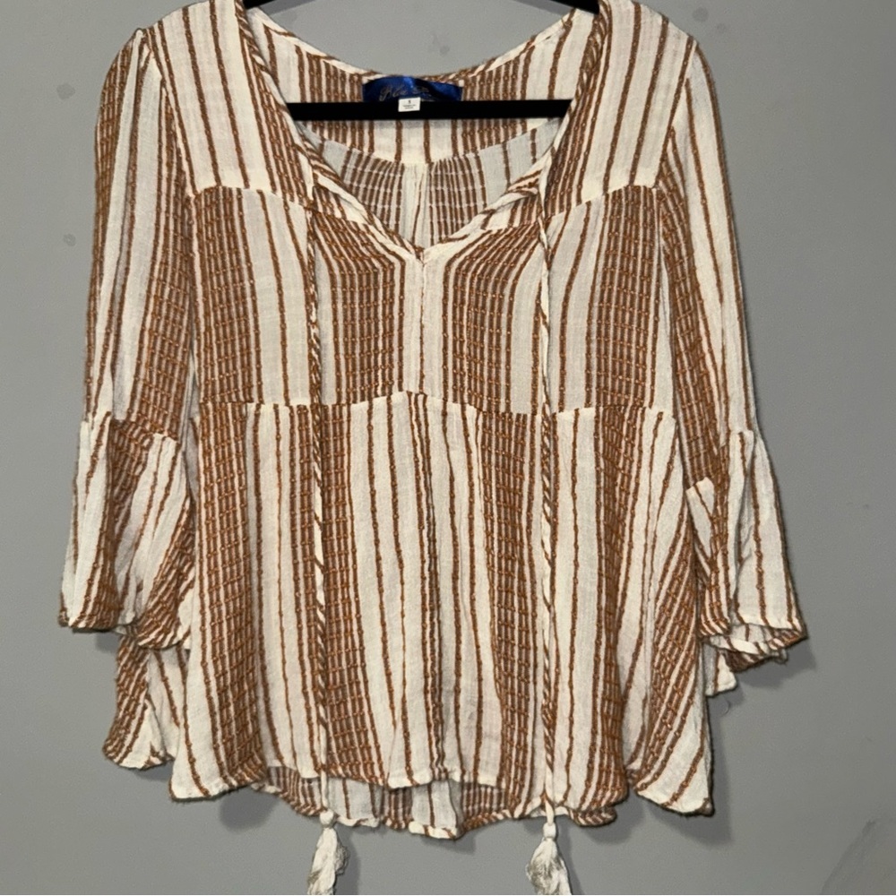 Blue Rain Striped Peasant Blouse Bell‎ Sleeve Boho Bohemian Top Size S